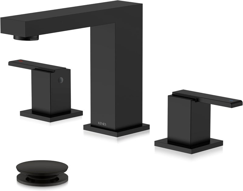 KENES Black Widespread Bathroom Faucet 3 Hole Bathroom Sink Faucet Matte Black Two Handle, 8-Inch 3 Pieces Bathroom Vanity Faucet with Pop Up Drain & Supply Lines, KE-9050-2-P - Image 1